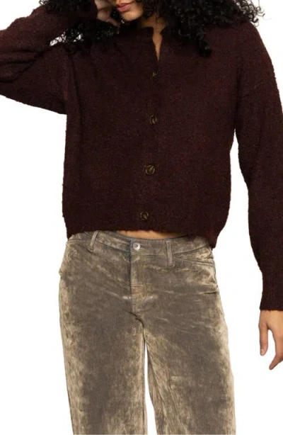 Sanctuary Boucle Crew Neck Cardigan In Dark Crimson In Brown