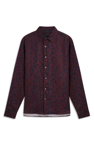 Ted Baker Askelle Long Sleeved Regular Fit Button Down Shirt In Burgundy