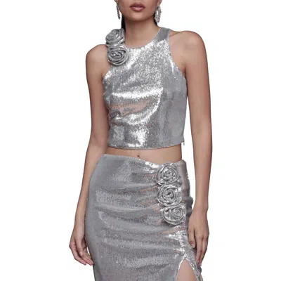 Avec Les Filles Rose Applique Halter Top In Silver