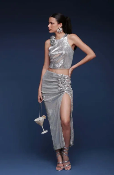 Avec Les Filles Rose Applique Halter Top In Silver