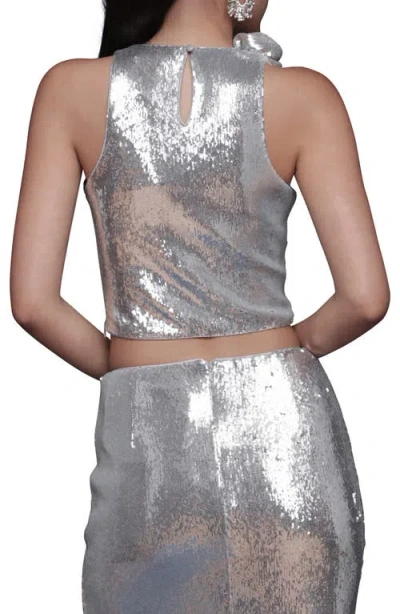 Avec Les Filles Rose Applique Halter Top In Silver