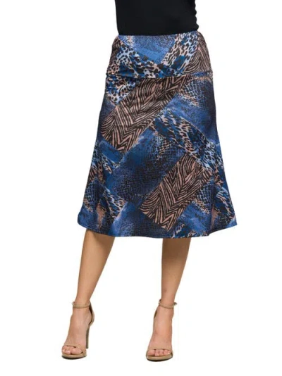 24seven Comfort Apparel Women's Blue Animal Print Knee Length Skirt In Multi