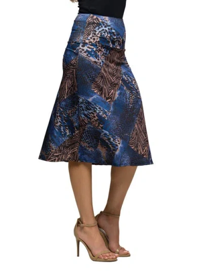 24seven Comfort Apparel Women's Blue Animal Print Knee Length Skirt In Multi