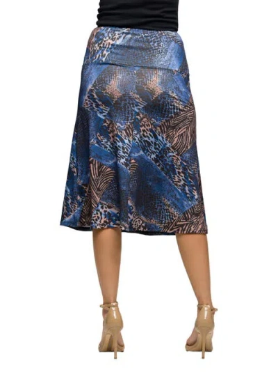 24seven Comfort Apparel Women's Blue Animal Print Knee Length Skirt In Multi