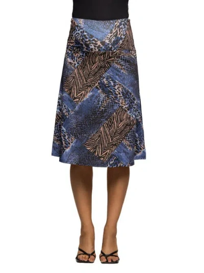 24seven Comfort Apparel Women's Blue Animal Print Knee Length Skirt In Multi