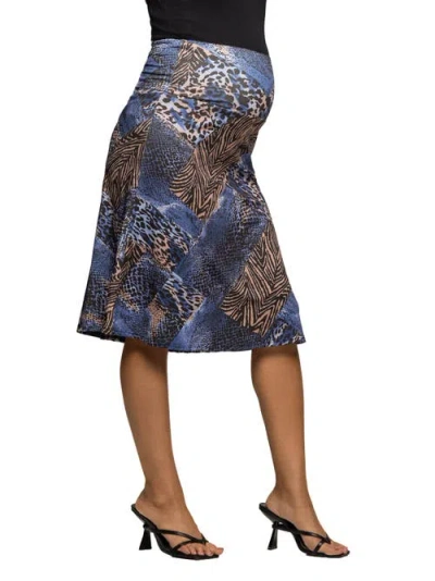 24seven Comfort Apparel Women's Blue Animal Print Knee Length Skirt In Multi
