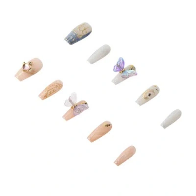 3h Nails 3h Luxury Handmade Press-on Nails, Peach & Lavender With 3d Butterfly Charms, Reusable Size
