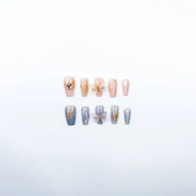 3h Nails 3h Luxury Handmade Press-on Nails, Peach & Lavender With 3d Butterfly Charms, Reusable Size