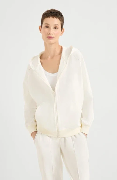 Brunello Cucinelli White Shiny Trims Zip-up Hoodie In White
