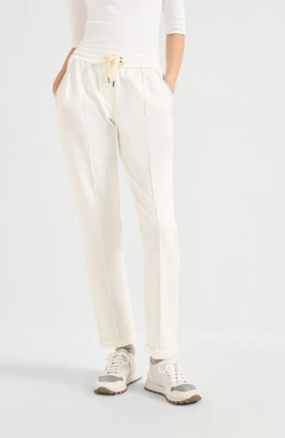 Brunello Cucinelli Track Trousers In Lightweight Stretch Cotton Fleece With Moniline In White
