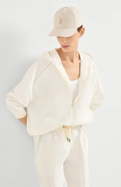 Brunello Cucinelli White Shiny Trims Zip-up Hoodie In White