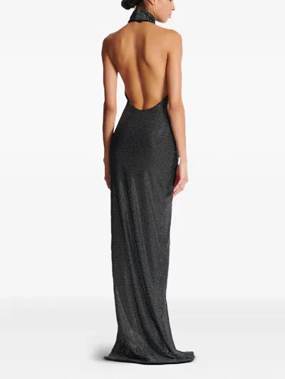 Balmain Long Velvet Halterneck Dress With Rhinestones In Black