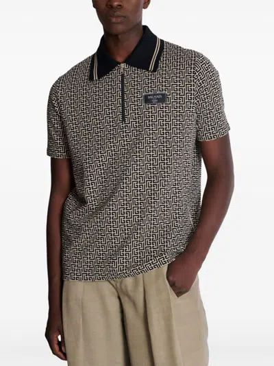 Balmain Men Labyrinth Polo Shirt With Jacquard Effect In Gray