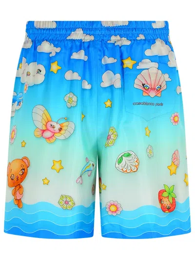 Casablanca Kawaii Silk Bermuda Shorts And Pockets In Blue