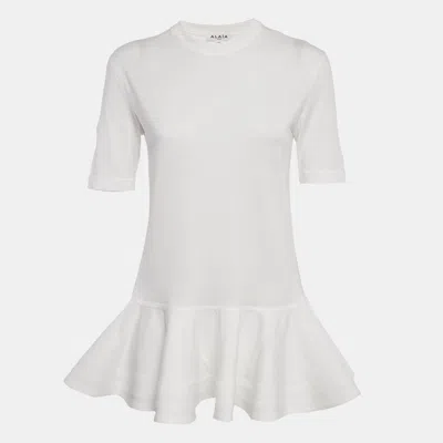 Pre-owned Alaïa White Cotton Crew Neck Peplum T-shirt S