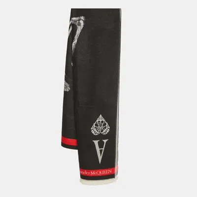 Pre-owned Alexander Mcqueen Black Skull Pattern Wool Shawl In Blue