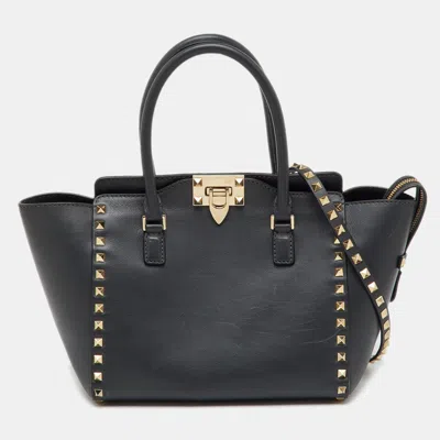 Pre-owned Valentino Garavani Dark Grey Leather Rockstud Trapeze Tote In Gray
