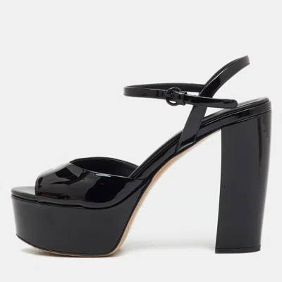 Pre-owned Miu Miu Black Patent Leather Block Heel Platform Sandals Size 37.5