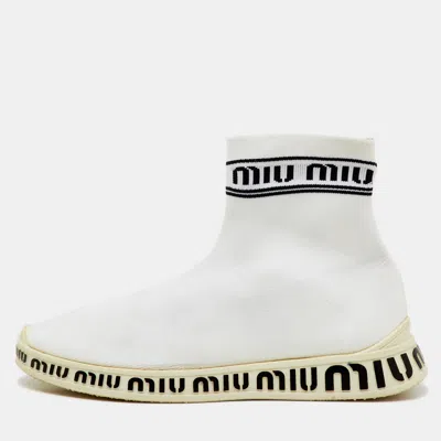 Pre-owned Miu Miu White Knit Fabric Sock High Slip On Sneakers Size 40