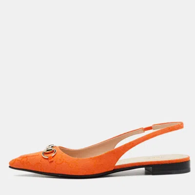 Pre-owned Gucci Orange Gg Canvas Horsebit Slingback Flats Size 36.5
