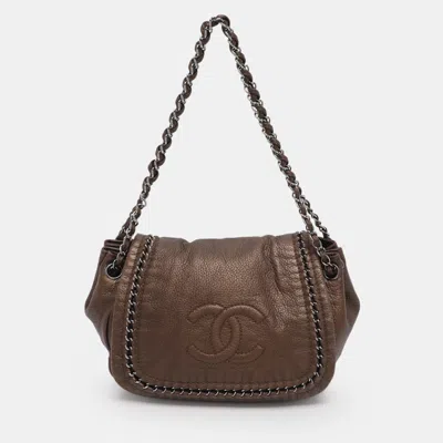 Pre-owned Chanel Metallic Bronze Leather Luxe Ligne Accordion Flap Bag In Silver