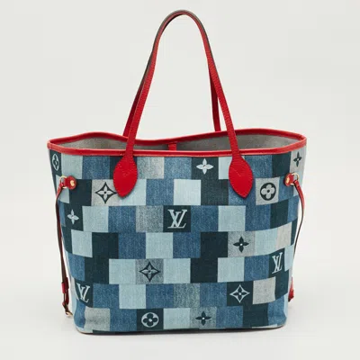 Pre-owned Louis Vuitton Blue/rouge Damier Monogram Patchwork Denim Neverfull Mm Bag