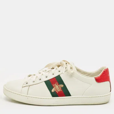 Pre-owned Gucci White Snakeskin Embossed Leather Ace Lace Up Sneakers Size 38