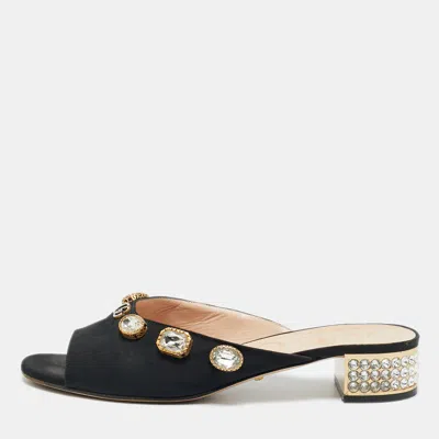 Pre-owned Gucci Black Fabric Crystal Embellished Slide Open Toe Mules Size 39