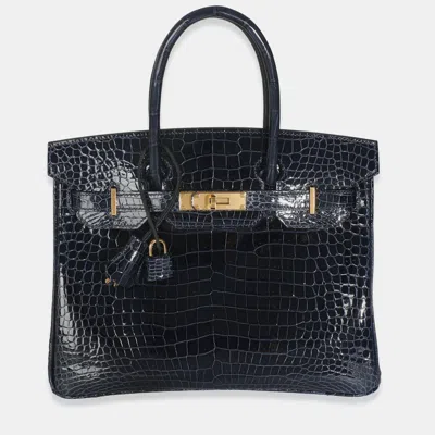 Pre-owned Hermes Birkin 30 Bleu Marine Crocodile Porosus Bag In Blue