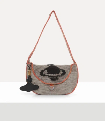 Vivienne Westwood Lucky Halfmoon Crochet Bag Wool Taupe-red In Brown