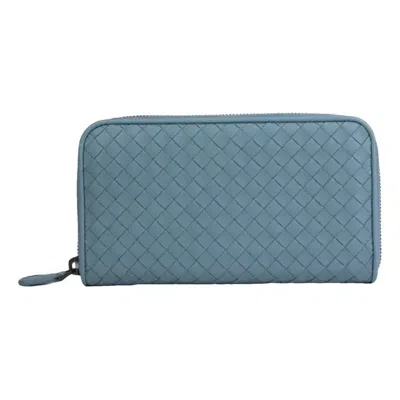 Bottega Veneta Light Blue Leather Woven Zip Around Wallet In Blue