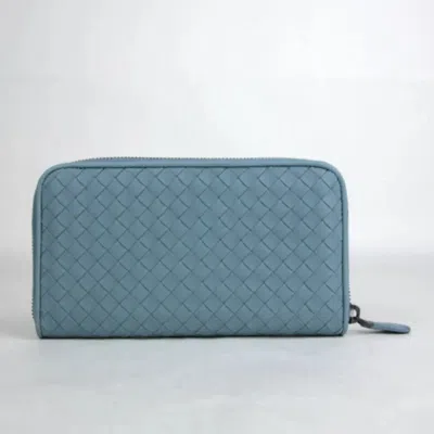 Bottega Veneta Light Blue Leather Woven Zip Around Wallet In Blue