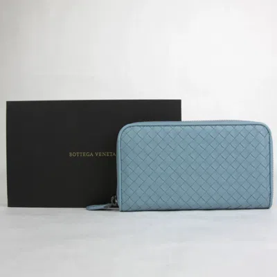 Bottega Veneta Light Blue Leather Woven Zip Around Wallet In Blue