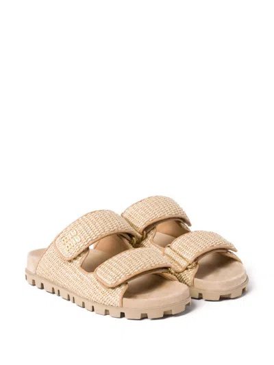 Miu Miu Touch-strap Raffia Sandals In Neutral