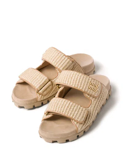 Miu Miu Touch-strap Raffia Sandals In Neutral