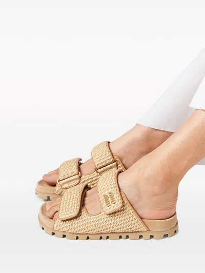 Miu Miu Touch-strap Raffia Sandals In Neutral