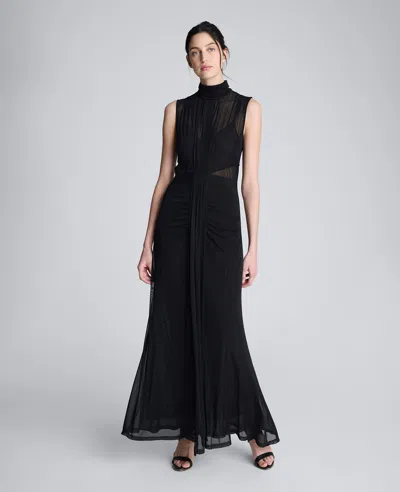 Kenneth Cole Pleated Illusion Neck Maxi Cocktail Dress In Black