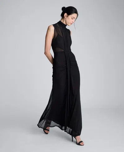 Kenneth Cole Pleated Illusion Neck Maxi Cocktail Dress In Black
