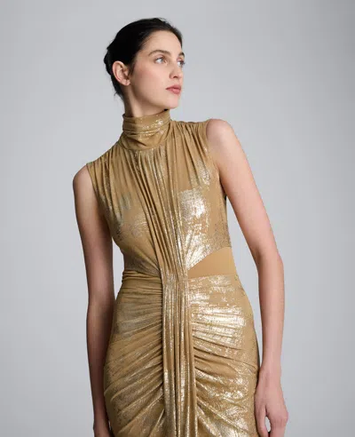 Kenneth Cole Metallic Foil Mesh Pleated Bodice Maxi Dress In Gold