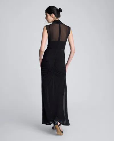 Kenneth Cole Pleated Illusion Neck Maxi Cocktail Dress In Black