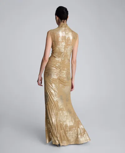 Kenneth Cole Metallic Foil Mesh Pleated Bodice Maxi Dress In Gold