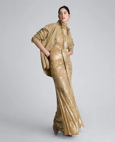Kenneth Cole Metallic Foil Mesh Pleated Bodice Maxi Dress In Gold