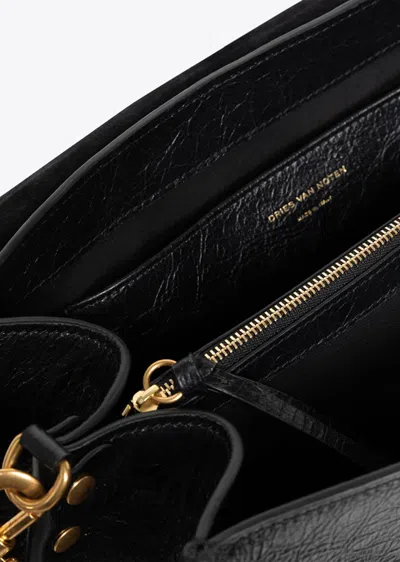 Dries Van Noten Textured Leather Shoulder Bag With Gold-tone Buckle Closure In Black