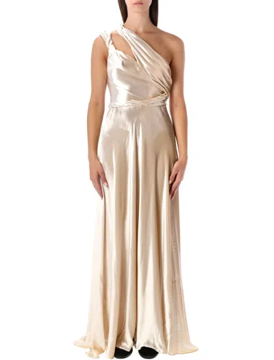Alberta Ferretti Sculptural One-shoulder Velvet Evening Dress In Gold