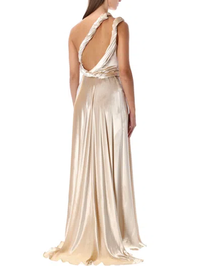 Alberta Ferretti Sculptural One-shoulder Velvet Evening Dress In Gold