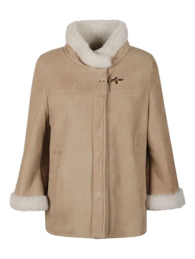 Fay Boxy Beige Suede Coat With Plush Shearling Lining In Brown