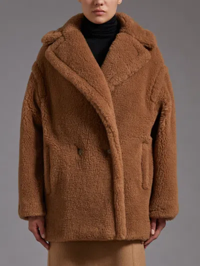 Max Mara Dramma Short Teddy Camel Silk Coats Beige In Brown
