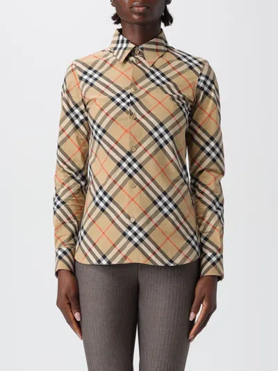 Burberry Women Beige Shirt With Classic Collar And All-over Check Motif In Cotton Woman In Brown