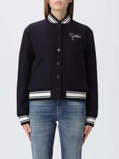 Golden Goose Wool Blend Bomber With Embroidered And Patch Detail In Blue