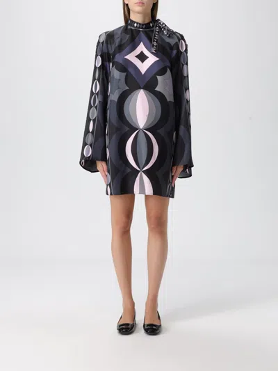 Pucci Geometric Pattern Long Sleeve High Neck Dress In Multi